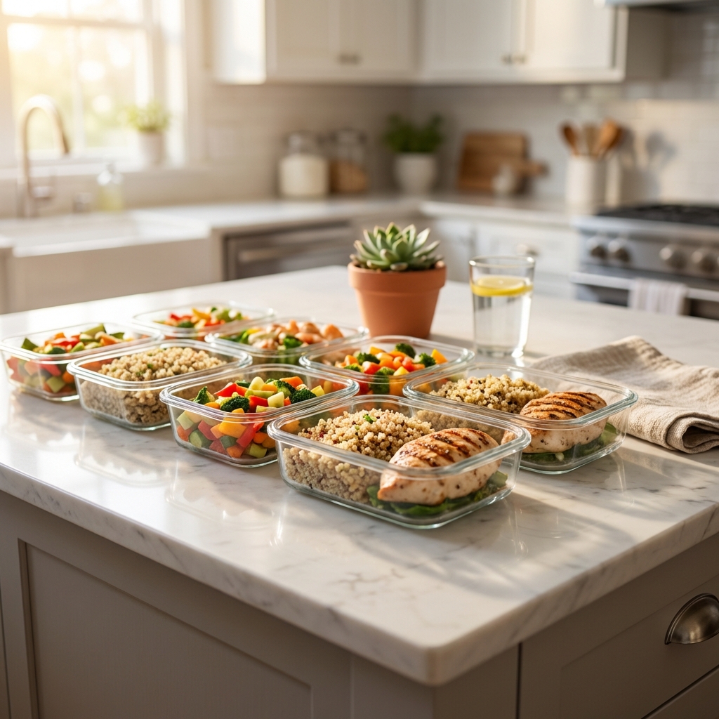 Organized meal prep containers on a marble counter